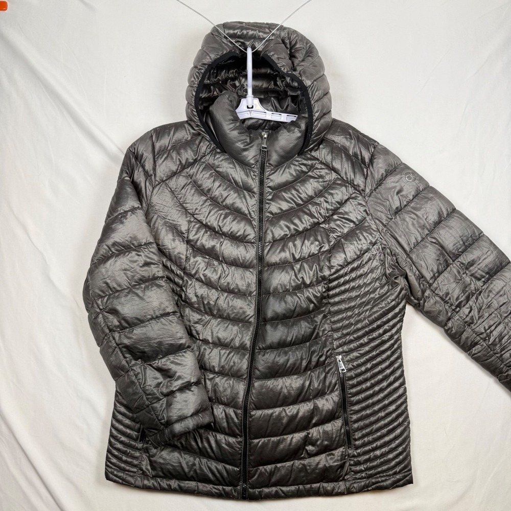Calvin Klein Womens 1X Packable Lightweight Down Puffer Jacket Gray Hooded